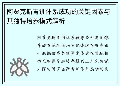 阿贾克斯青训体系成功的关键因素与其独特培养模式解析