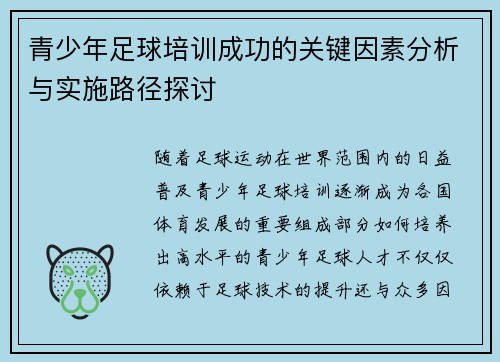 青少年足球培训成功的关键因素分析与实施路径探讨